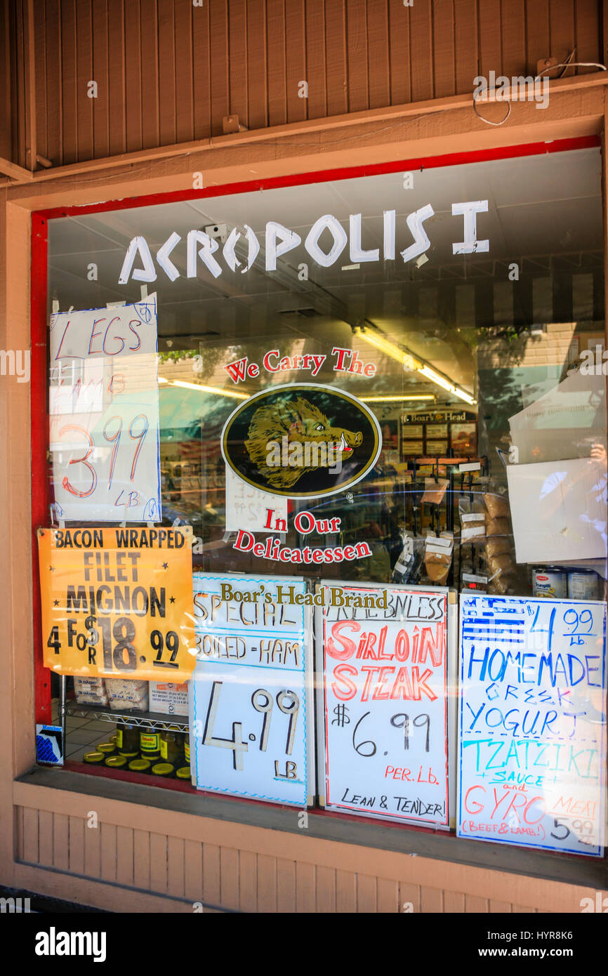 Acropolis Meat Market store in downtown Tarpon Spirngs, Florida Stock