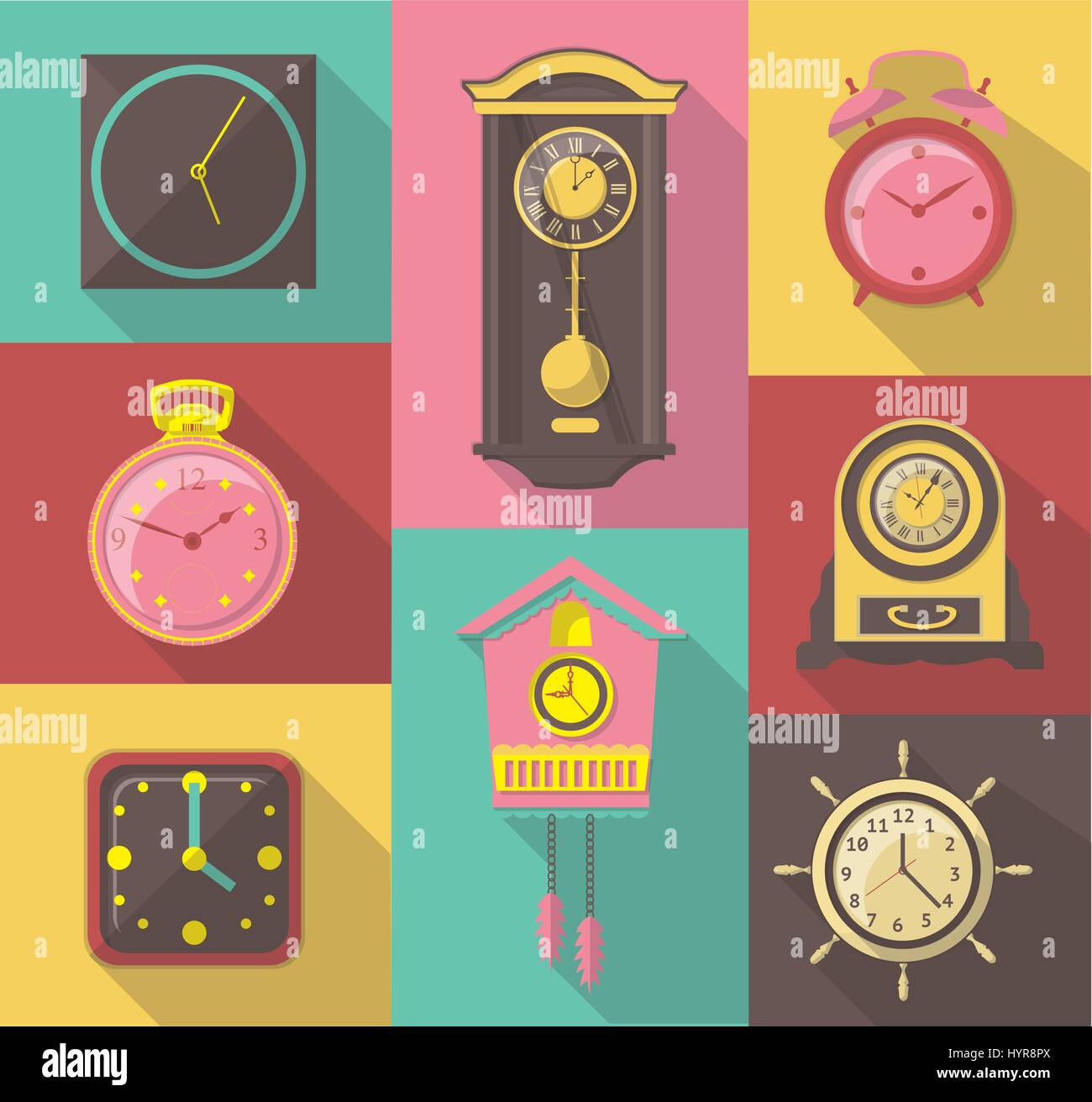 vector flat design icon set of vintage wall clocks Stock Vector Image ...