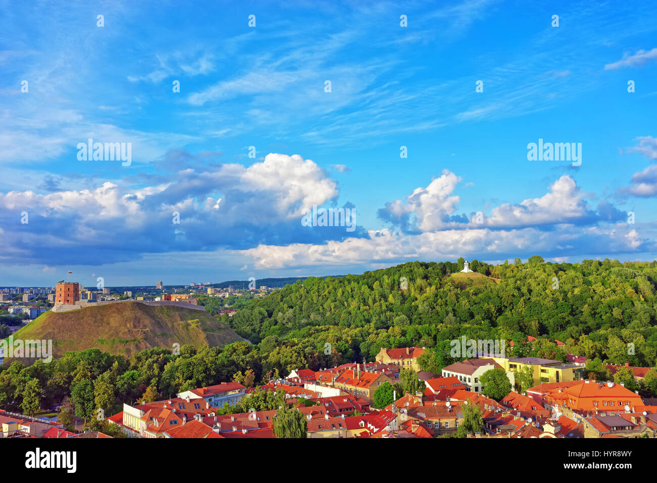 Gediminas Tower and Three crosses in Kalnai Park of Vilnius, Lithuania Stock Photo