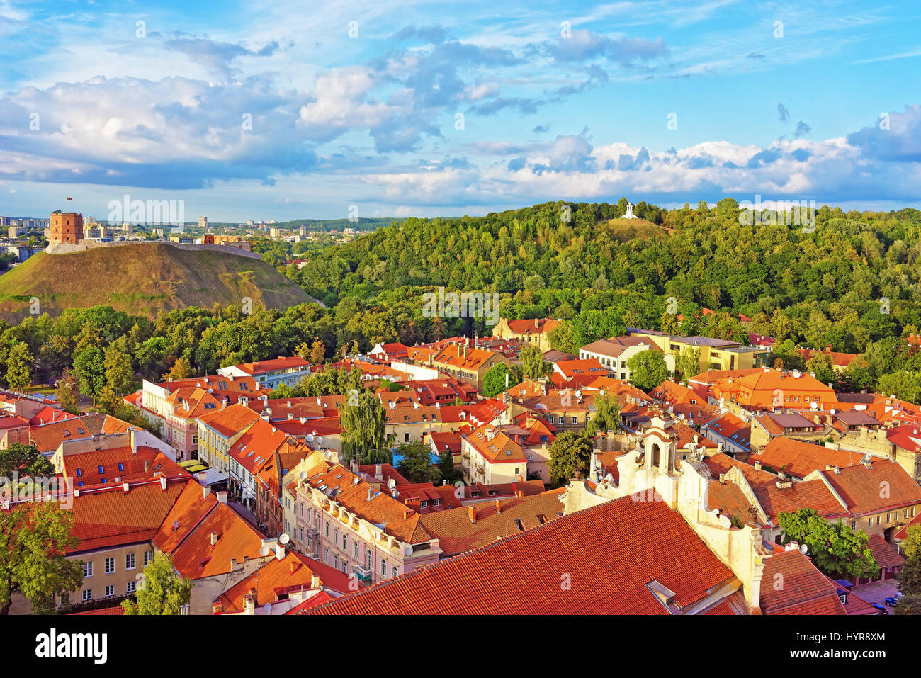 Gediminas Tower and Three crosses in Kalnai Park in Vilnius, Lithuania Stock Photo