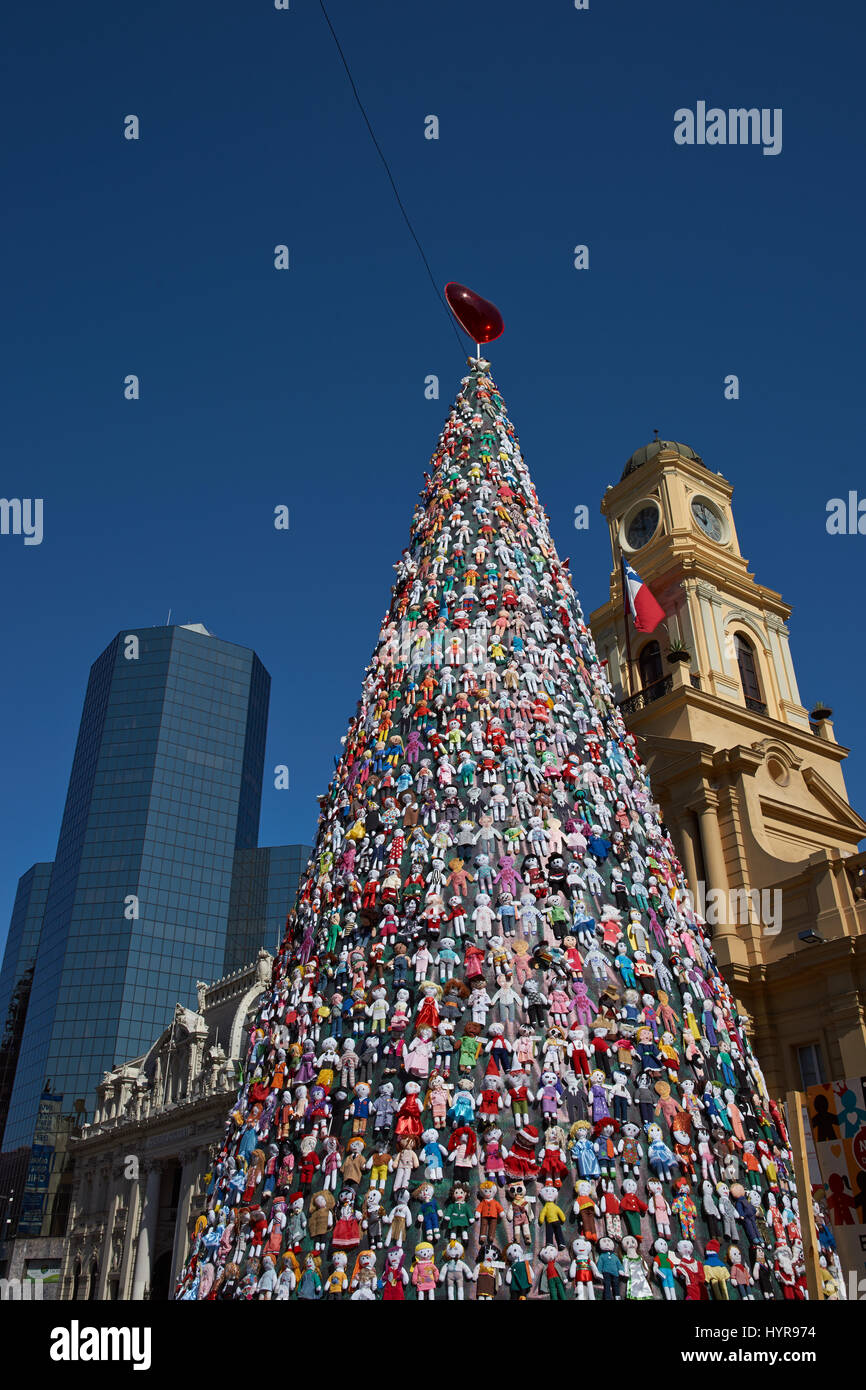 Christmas tree decorated with hundreds of rag dolls in the Plaza de Armas, Santiago, capital of Chile. Stock Photo