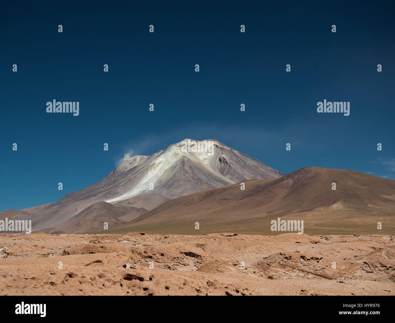 Landscape with the Ollague stratovolcano in the background, an active volcano on the border between Bolivia and northern Chile. Stock Photo