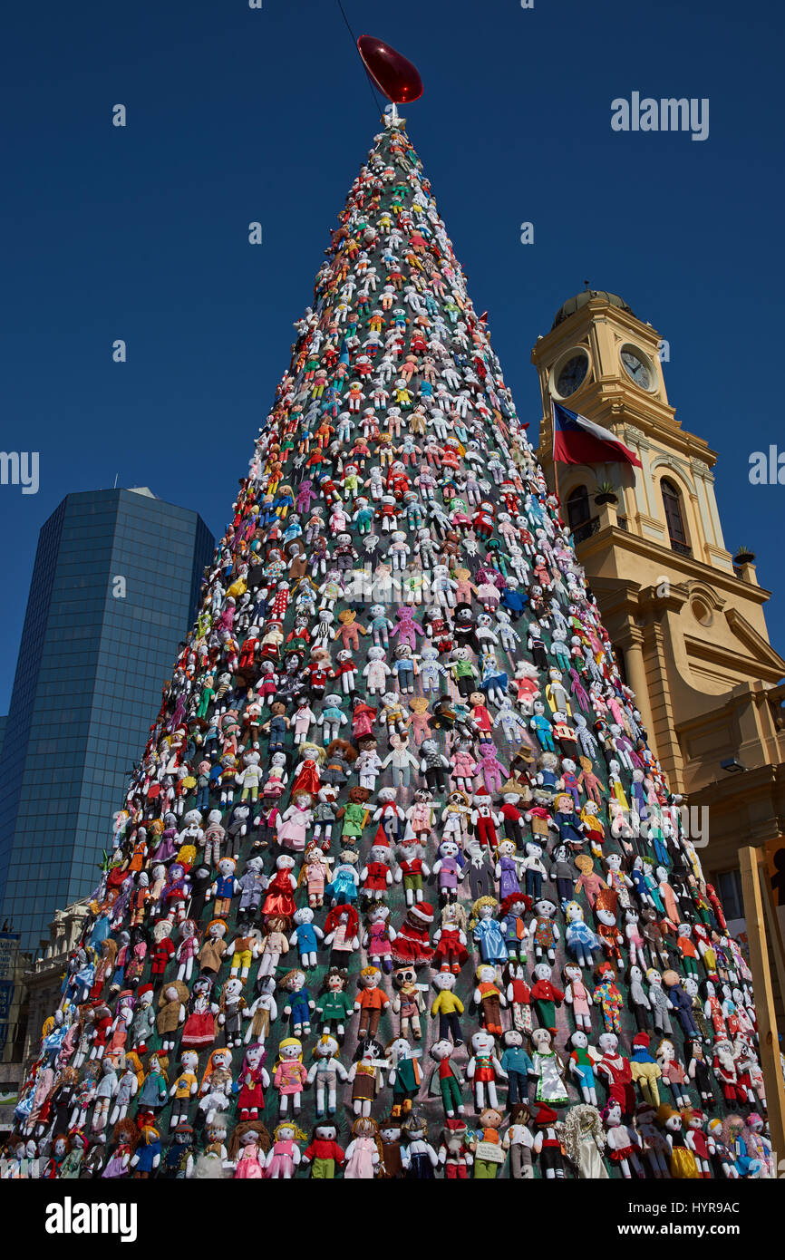 Christmas tree decorated with hundreds of rag dolls in the Plaza de Armas, Santiago, capital of Chile. Stock Photo