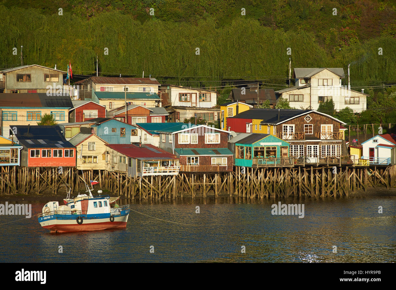 Palafitos. Traditional wooden houses built on stilts along the waters edge in Castro, capital of the Island of Chiloé. Stock Photo