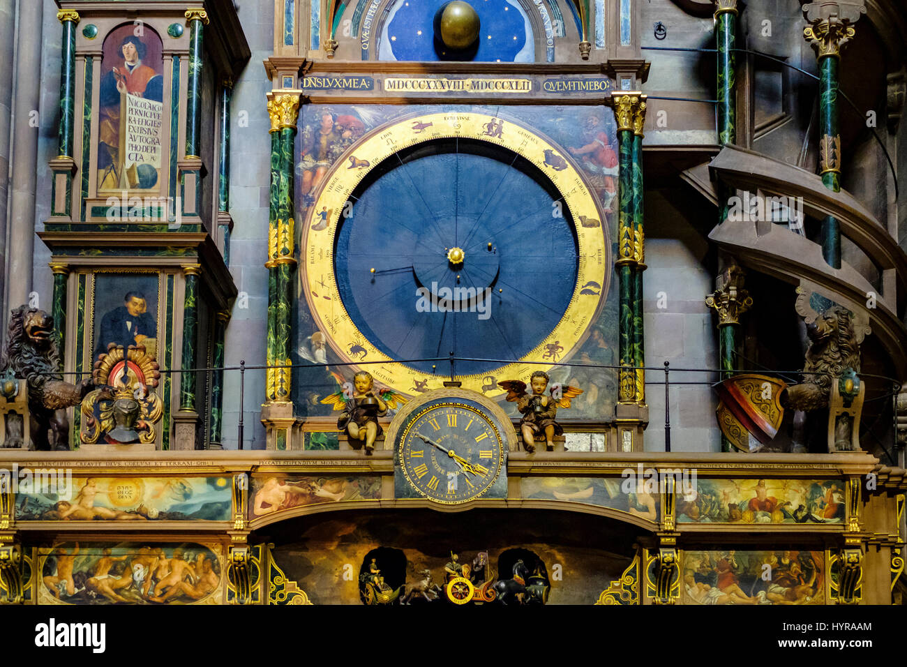 Astronomical clock 19th century, orrery, heliocentric planetary dial, Notre-Dame cathedral, Strasbourg, Alsace, France, Europe, Stock Photo