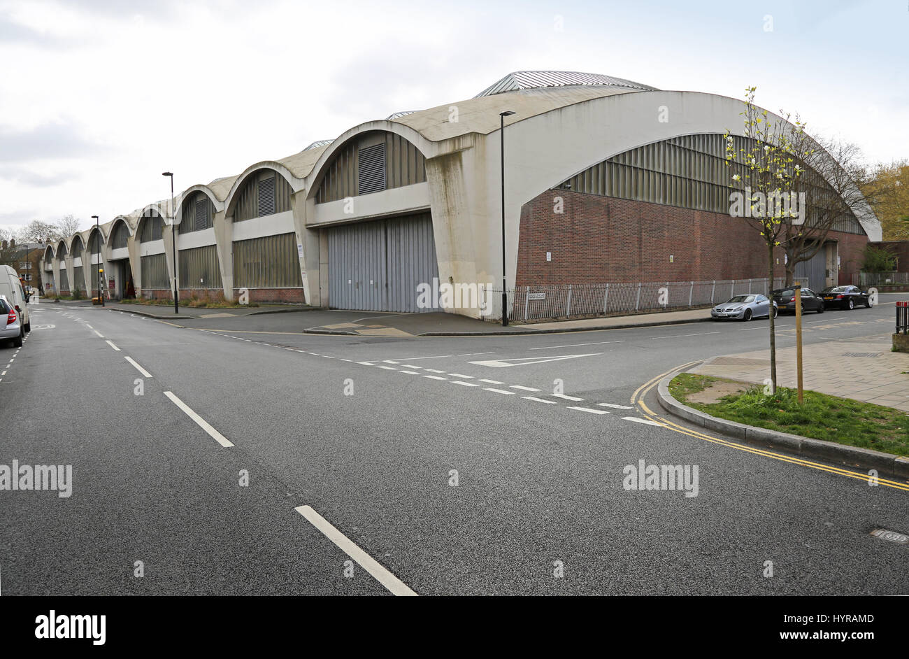 Stockwell Bus Garage, South London, UK. The famous concrete roof spans 59m and was the largest in Europe when built in 1952. Now grade II listed. Stock Photo