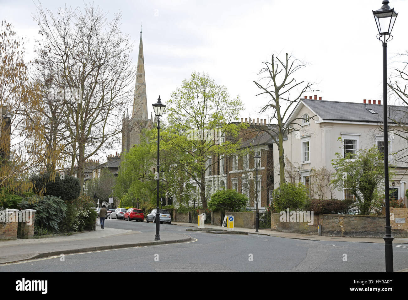 Houses and church on Stockwell Park Road, a famously elegant street in the increasingly popular inner city area of Stockwell in South London, UK Stock Photo