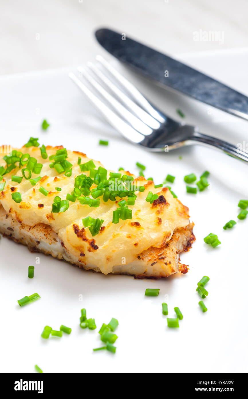 cod baked with mashed potatoes Stock Photo - Alamy