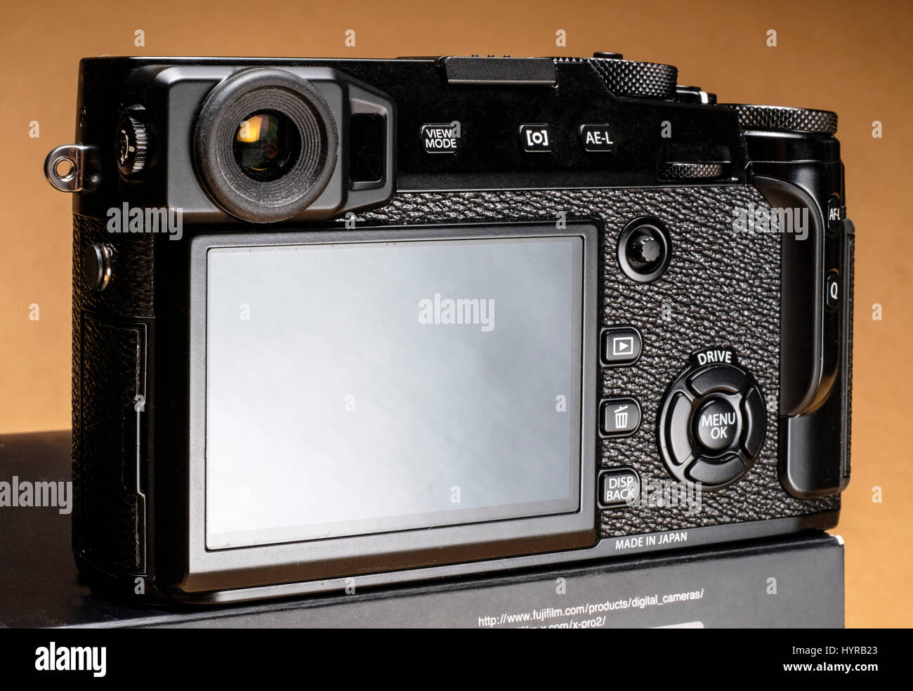 Fuji X-Pro2 mirrorless digital camera body rear view with blank screen Stock Photo