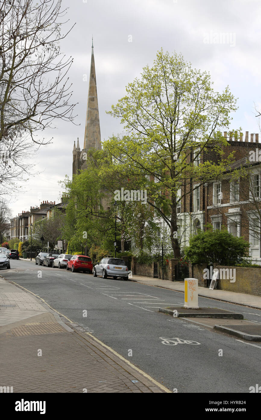 Houses and church on Stockwell Park Road, a famously elegant street in the increasingly popular inner city area of Stockwell in South London, UK Stock Photo