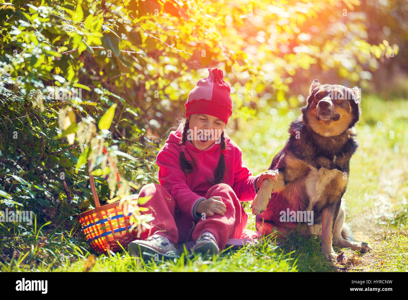 Happy little girl sitting with dog in the forest on picnic in sunny day ...
