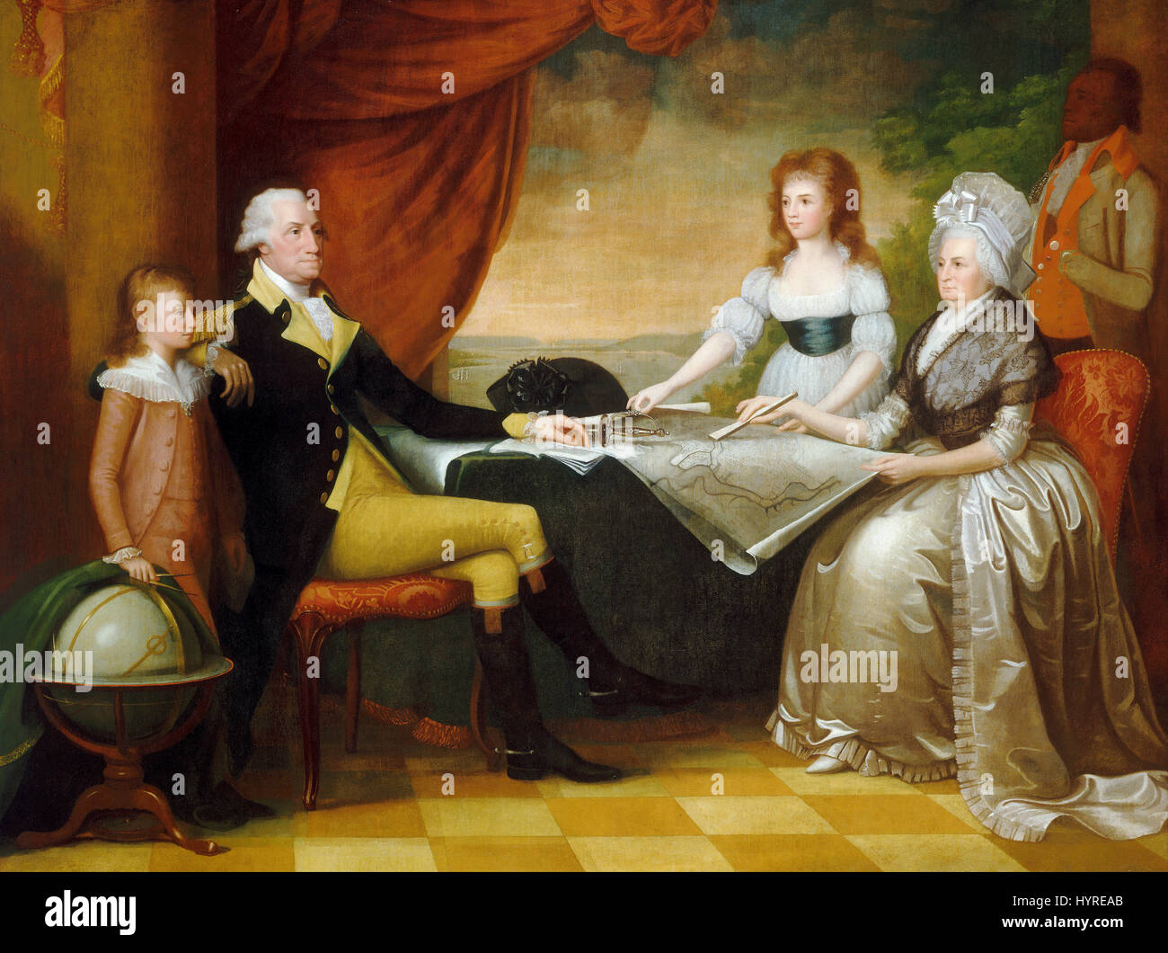 The Washington Family by Edward Savage, left to right: George Washington Parke Custis, George Washington, Eleanor Parke Custis, Martha Washington, and an enslaved servant, probably William Lee or Christopher Sheels. Stock Photo