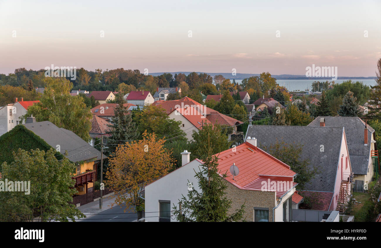 Keszthely autumn sunset cityscape with lake Balaton in Hungary. Typical hungarian building and houses, view from above. Stock Photo