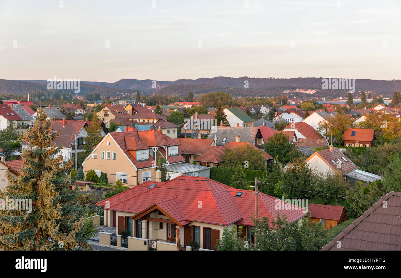 Keszthely autumn sunset cityscape in Hungary. Typical hungarian building and houses, view from above. Stock Photo