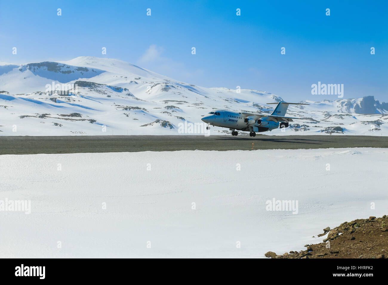 Regional airliner British Aerospace BAe 146 landing at Teniente R. Marsh Airport, King George Island, Antarctica Stock Photo