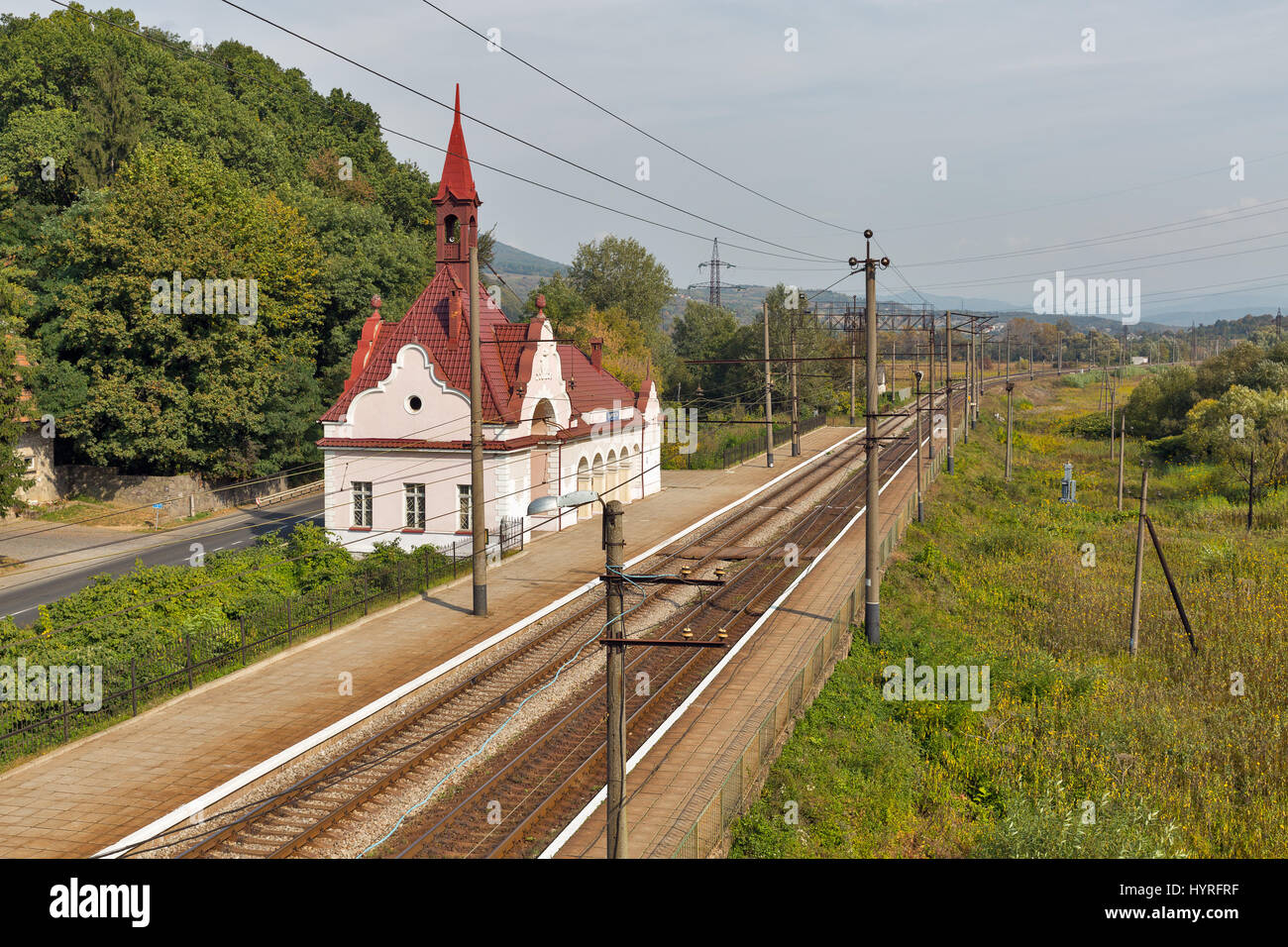 Karpaty railway station - a train stop point near the famous Schonborn Castle, former residence and hunting lodge of Count Schonborn, and since 1946 - Stock Photo