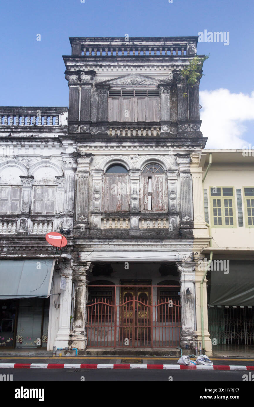 Unrestored sino portuguese architecture shophouse in old Phuket Town