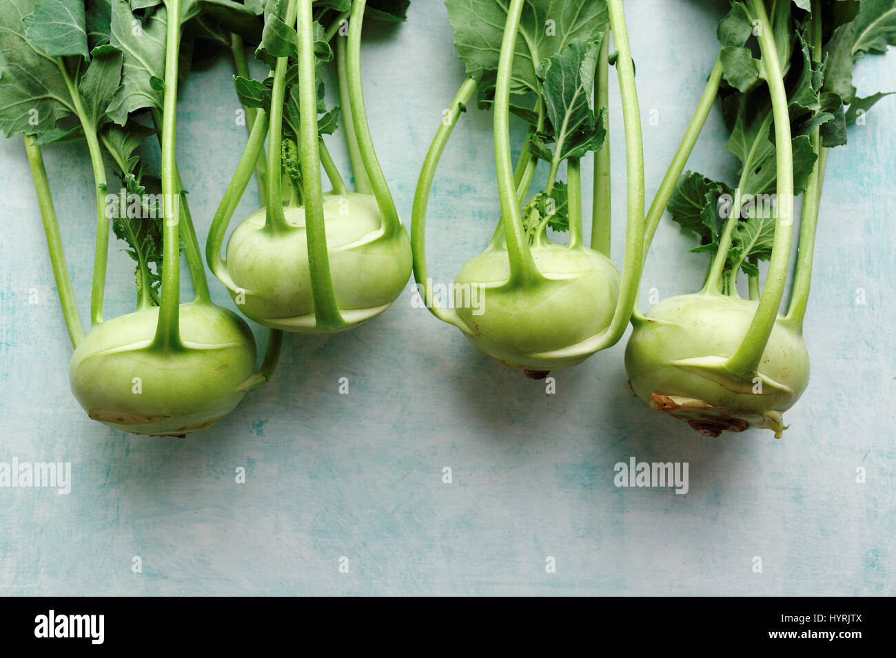 Fresh kohlrabi with green leaves. A bunch of freshly harvested kohlrabi on a blue table. Stock Photo