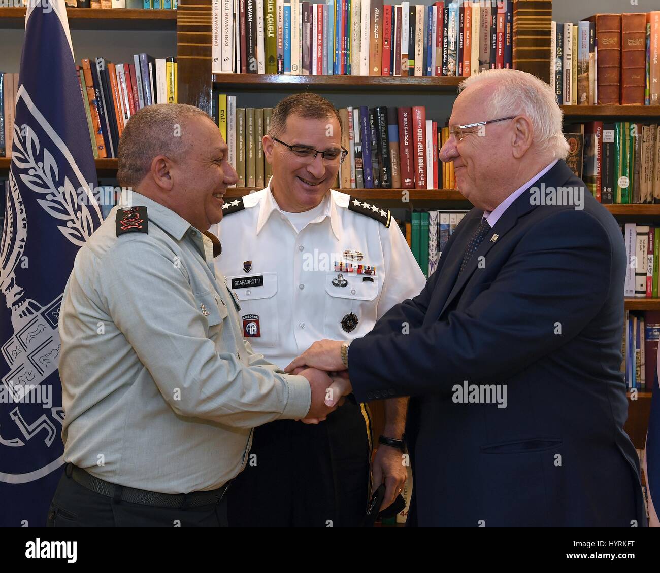 U.S. European Command Commander Curtis Scaparrotti, center, and Israeli Defense Forces Chief of Staff Gadi Eizenkot meet Israeli President Reuven Rivlin, right, at the Presidents Residence March 6, 2017 in Tel Aviv, Israel. Stock Photo