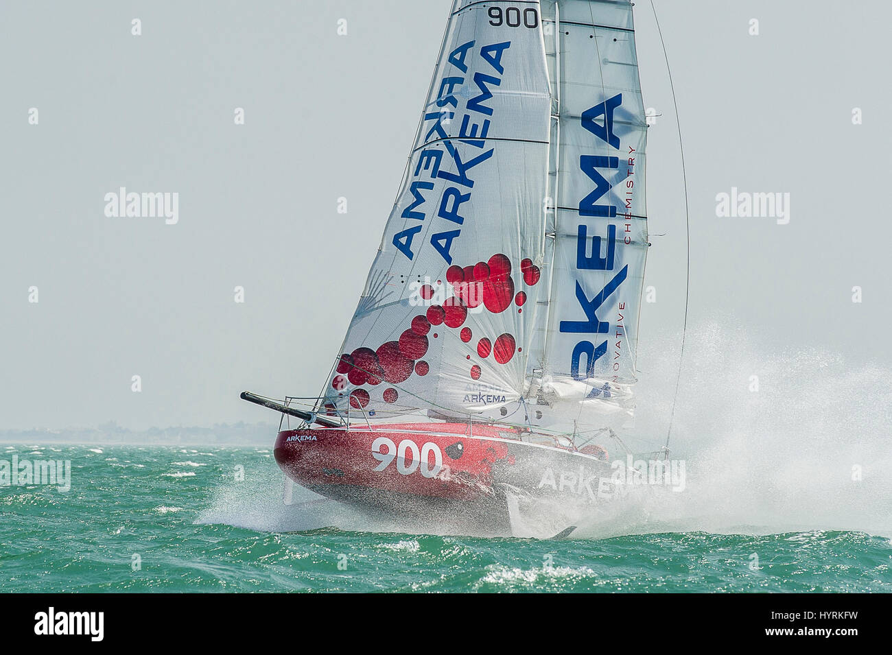 Training in La Rochelle for mini 650 foiler 'Arkema 3', designed by Romaric Neyhousser, built by Lalou Multi and skippered by Quentin Vlamynck. Stock Photo