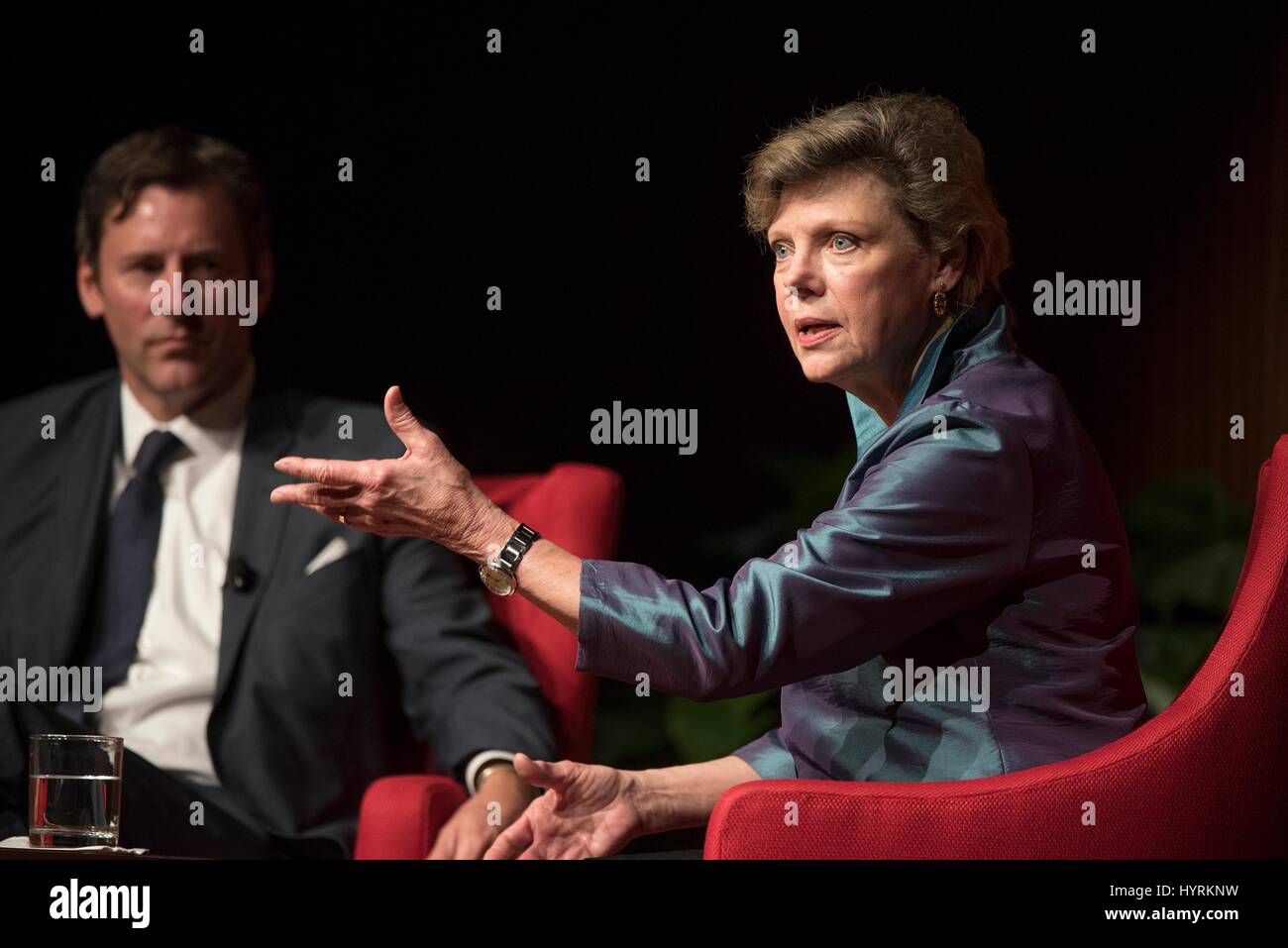 LBJ Presidential Library Director Mark Updegrove moderates the Evening with Cokie Roberts discussion with journalist Cokie Roberts at the LBJ Presidential Library February 28, 2017 in Austin, Texas. Stock Photo