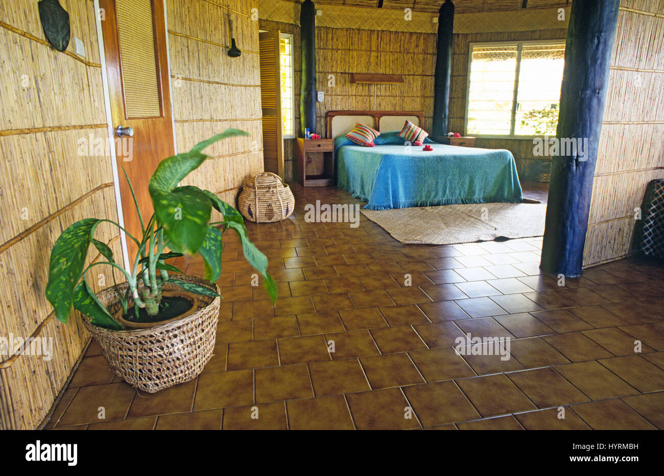 The interior of a typical Fijian Bure, in the Fiji Islands, South Pacific area. Stock Photo