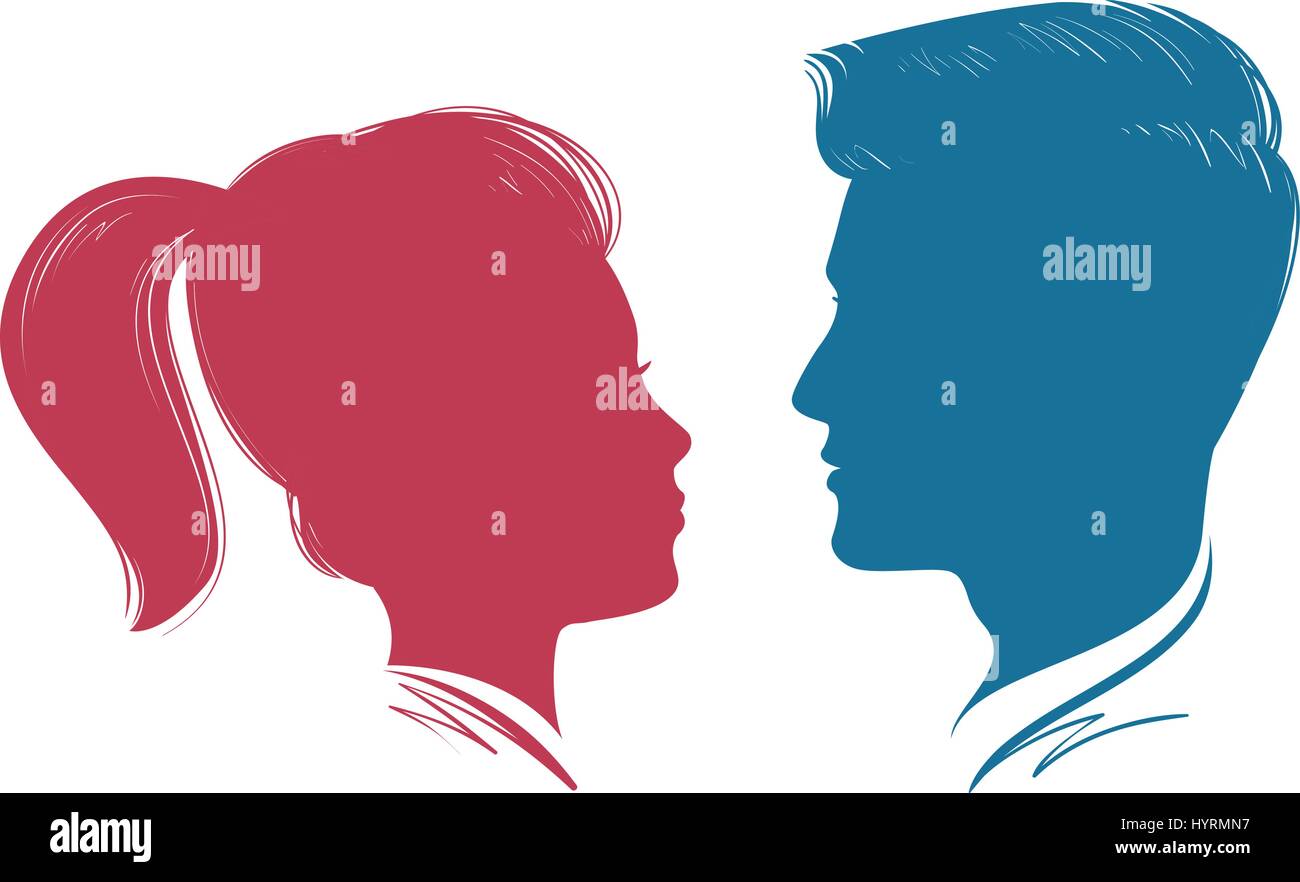 Portrait of man and woman. Head profile, silhouette. Wedding, love, people symbol. Vector illustration Stock Vector