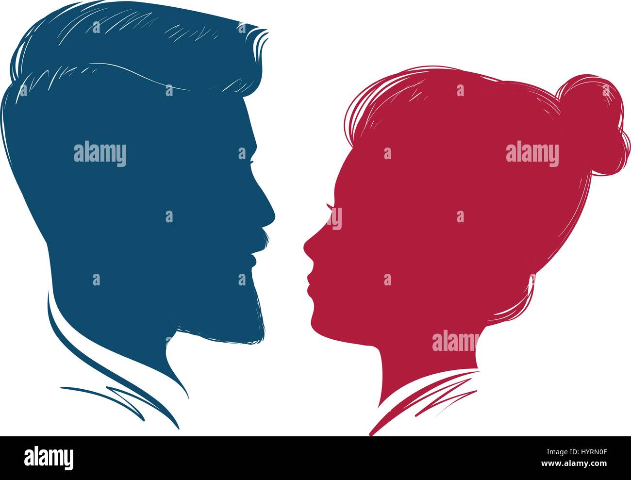 Portrait of man and woman. Head profile, silhouette. Wedding, love, people symbol. Hipster, vector illustration Stock Vector