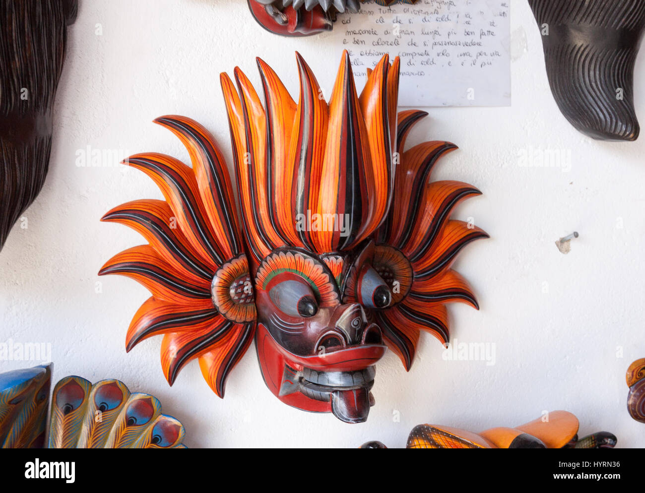 Traditional devil masks at street shop in Hikkaduwa, Sri lanka, horizontal view Stock Photo