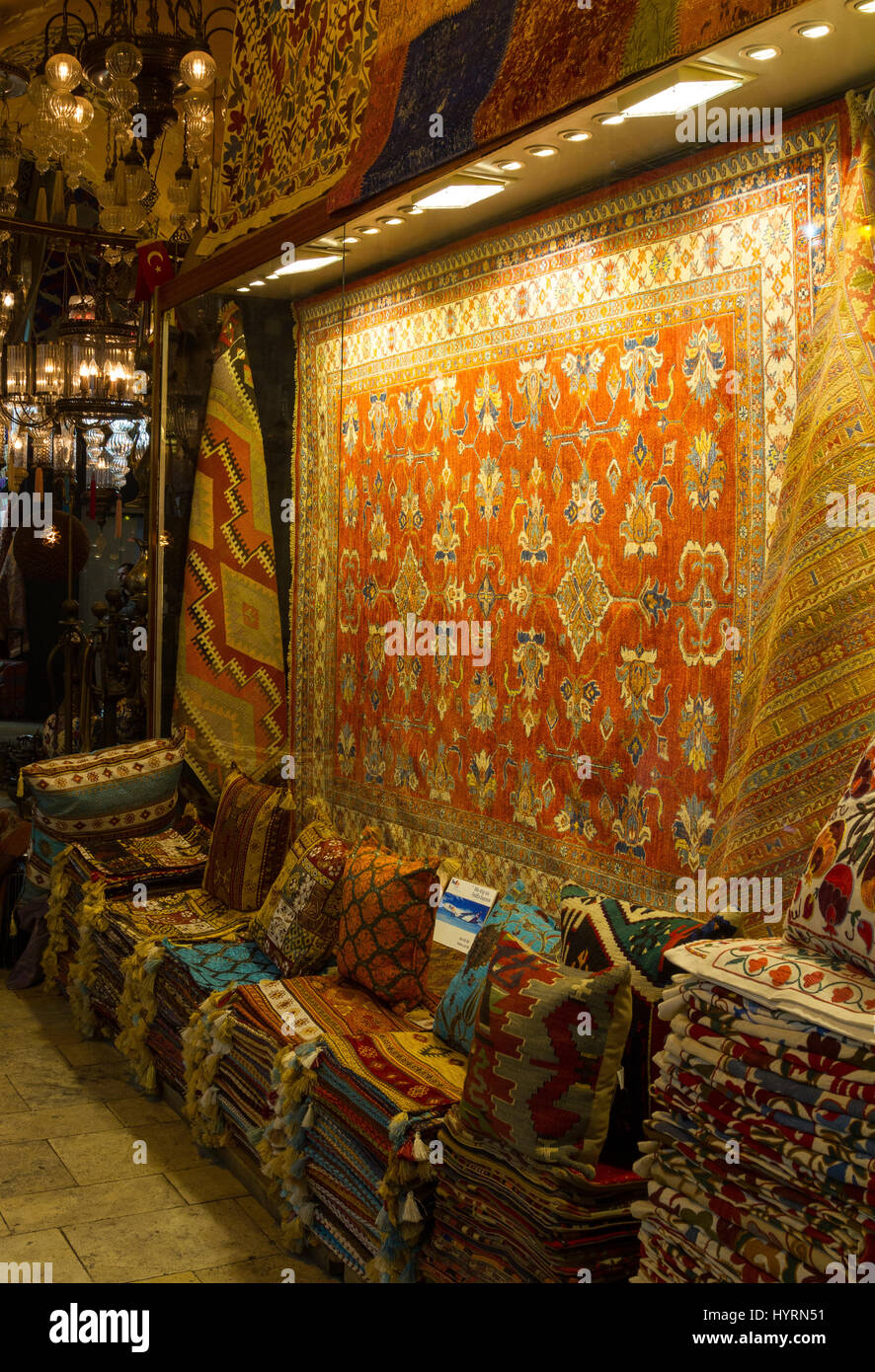 Grand bazaar Istanbul, oriental carpets store, vertical view Stock