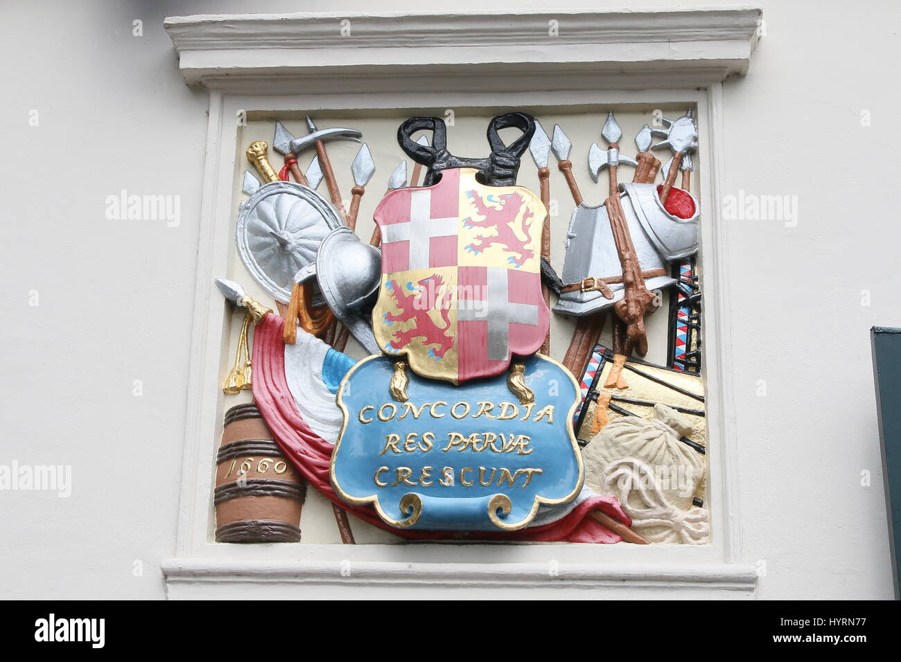 17th century gable  stone on Hoofdwacht building (military garrison barracks) next to Janskerk (St John's Church) at Janskerkhof, Utrecht, Netherlands Stock Photo