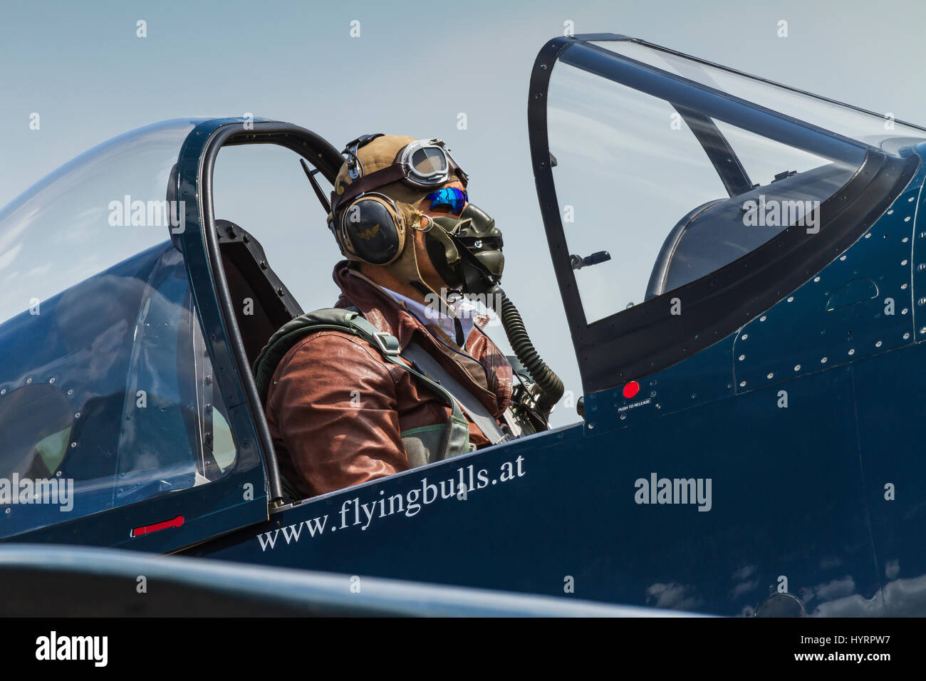 Flying Bulls pilot in his Chance Vought F4U-4 Corsair aircraft on July 13th 2013 at Duxford, Cambridgeshire, UK Stock Photo