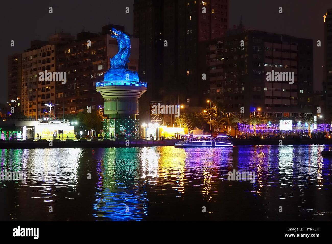 KAOHSIUNG, TAIWAN -- MARCH 6, 2015: To celebrate the Chinese year the banks of the Love River are illuminated  during the traditional Lantern Festival Stock Photo