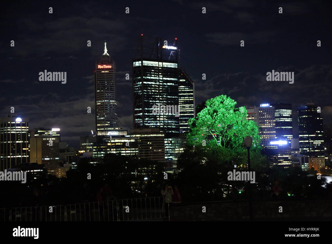 The full moon rises over the buildings in Perth, Australia. Perh is the state capital  of Western Australia. Stock Photo