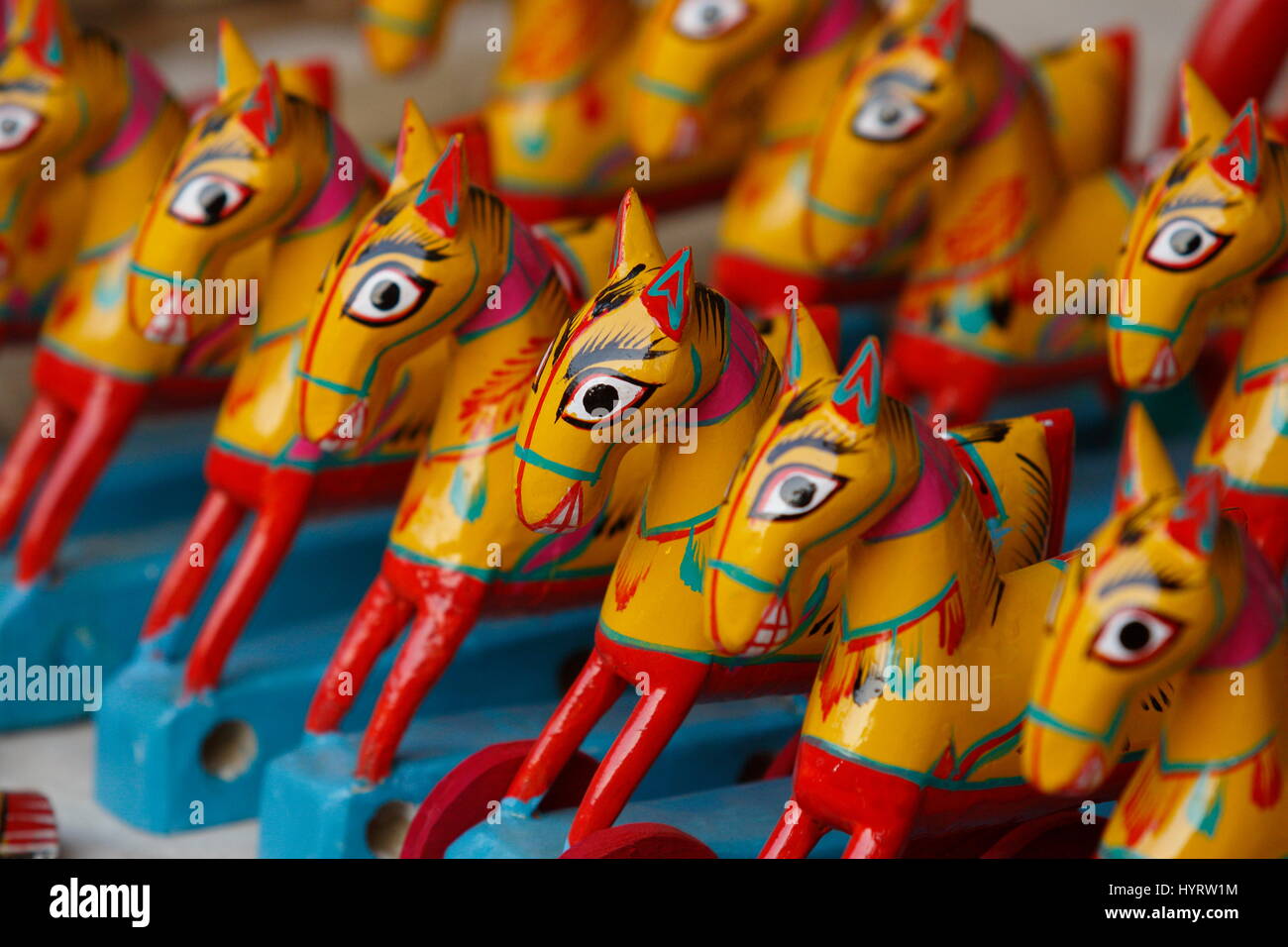 Wooden toy products selling at the “Lok O Karu shilpo Mela” at Sonargaon, Narayanganj, Bangladesh. Stock Photo