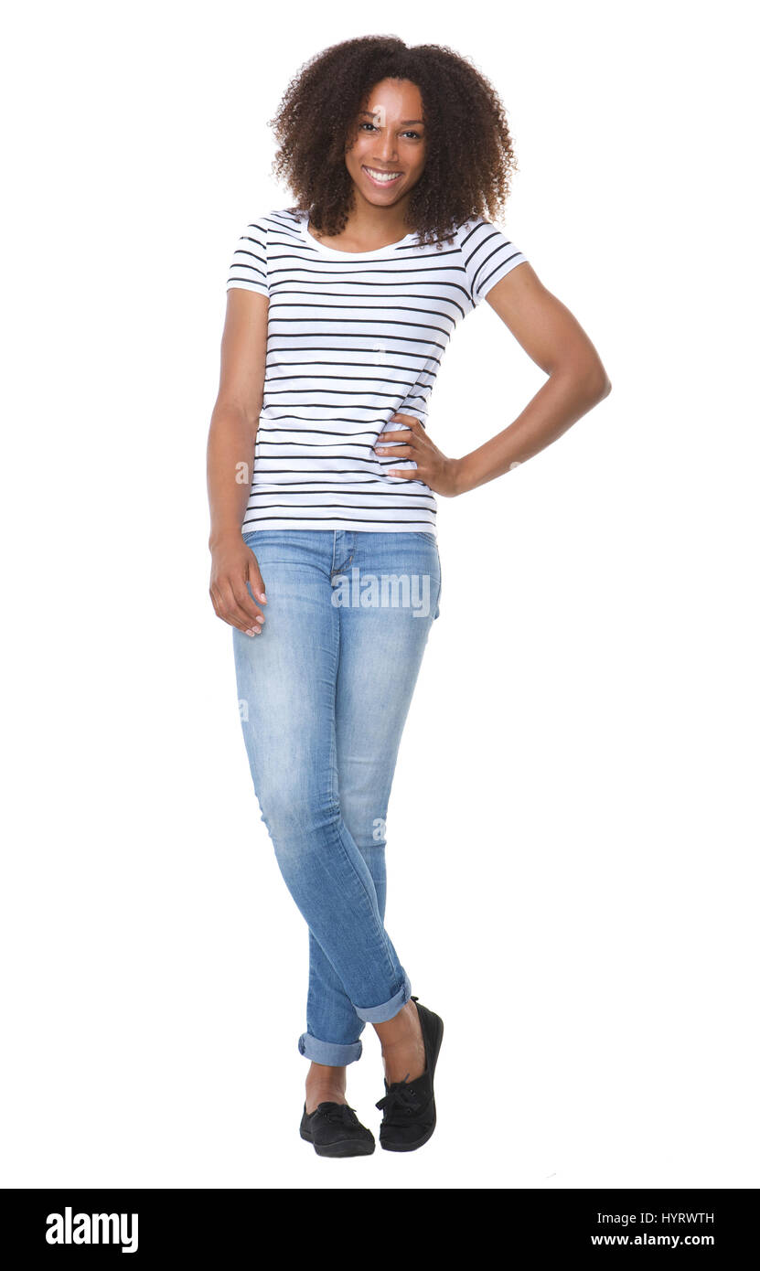 Full length portrait of a beautiful african american woman smiling on ...