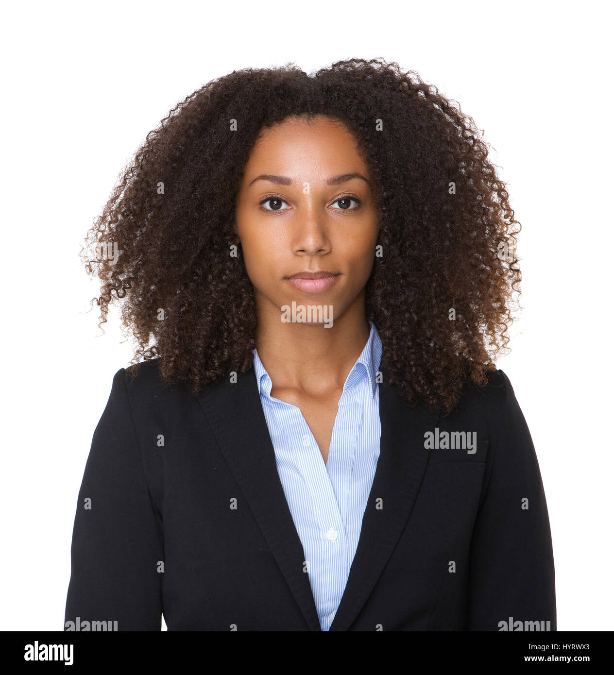 Close up portrait of a black business woman posing on isolated white ...