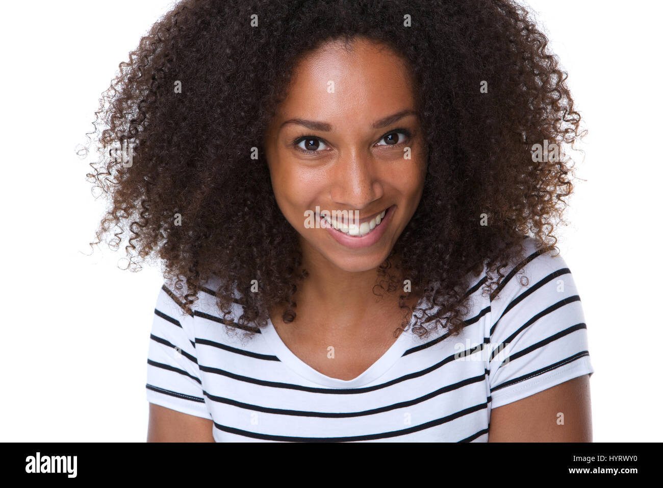 Close up portrait of a healthy young woman smiling on isolated white ...
