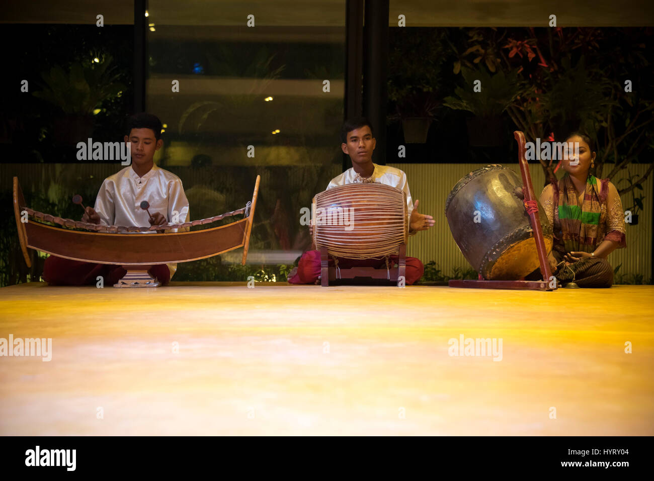 Horizontal portrait of traditional musical instruments being played at an Apsara Stock Photo