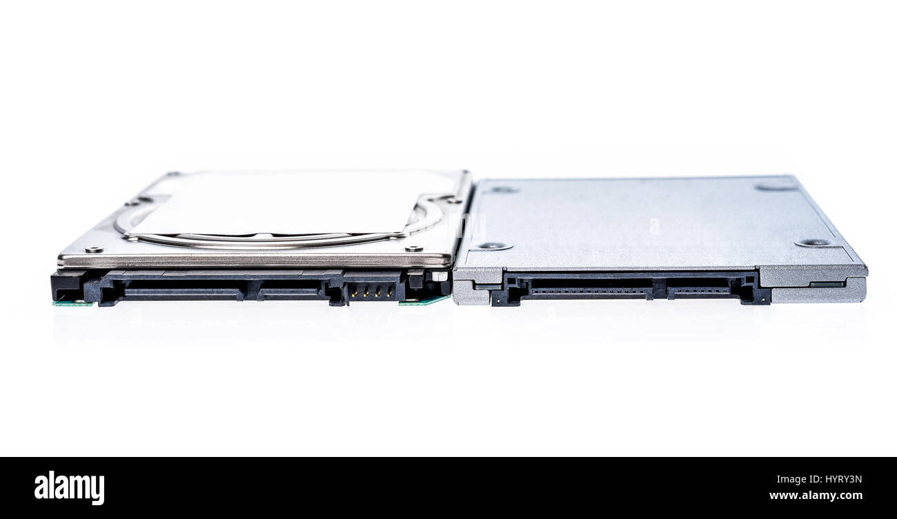 Solid state drive SSD next to 2,5" HDD size comparison. Comparison of two  laptop drives. SATA - data and electricity connectors view, shallow depth  of Stock Photo - Alamy