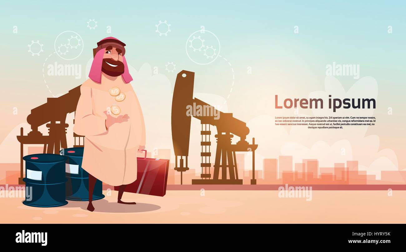 Rich Arab Business Man Oil Trade Pumpjack Rig Platform Black Wealth Concept Stock Vector