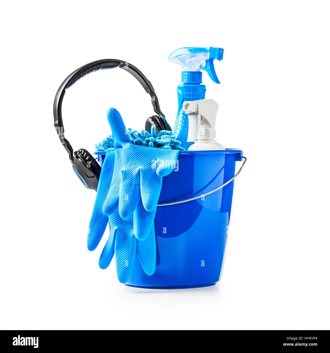 Blue bucket with cleaning supplies and music headphone isolated on white background. Single object with clipping path Stock Photo