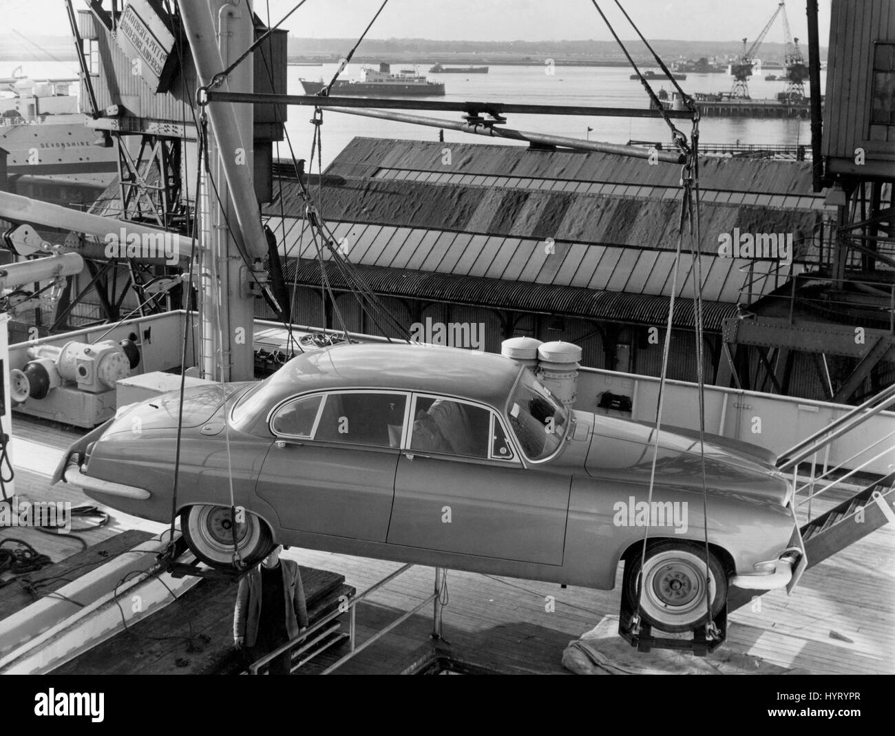 Leaving Southampton on Saxonia 1962, for USA, Jaguar Mk X. Stock Photo