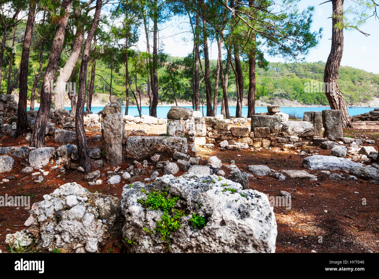 Spring landscape with beach, pines and ruins of ancient town Phaselis, Turkey, travel destination Stock Photo