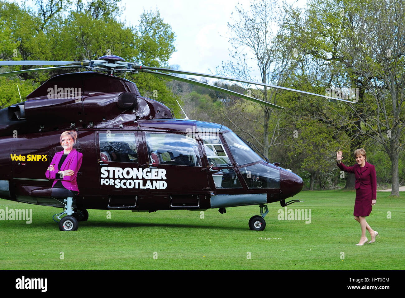 SNP leader and First Minister Nicola Sturgeon embarks on a five-day election campaign tour by helicopter Stock Photo