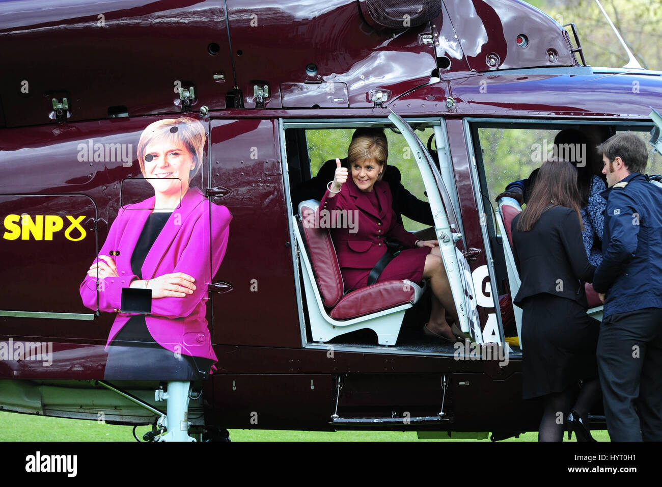 SNP leader and First Minister Nicola Sturgeon embarks on a five-day election campaign tour by helicopter Stock Photo