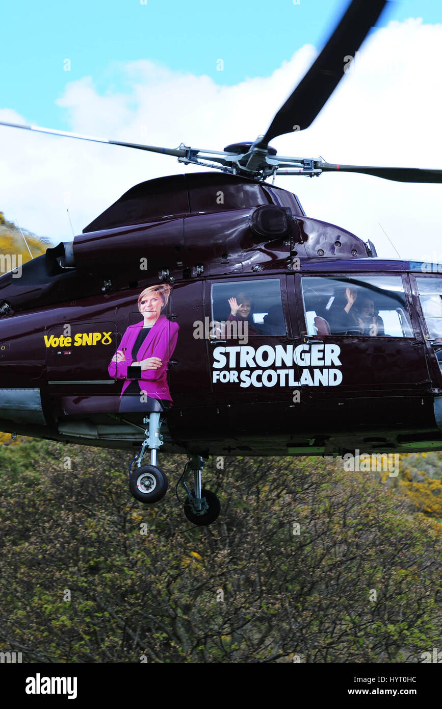 SNP leader and First Minister Nicola Sturgeon embarks on a five-day election campaign tour by helicopter Stock Photo