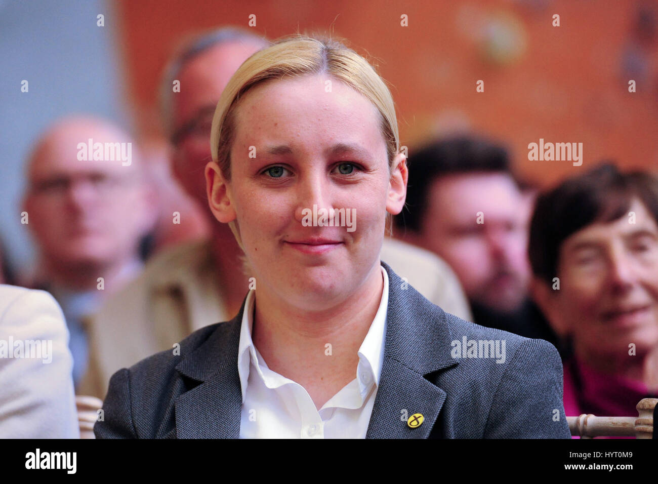 File image: Mhairi Black, the 20-year-old student who has unseated shadow foreign secretary Douglas Alexander and become the youngest MP since 1832, pictured at the launch of the party's general election manifesto Stock Photo