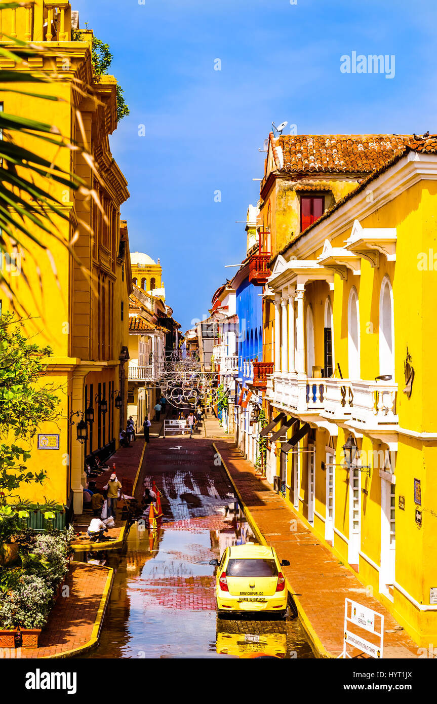 Street of colorful colonial buildings in Cartagena Colombia Stock Photo