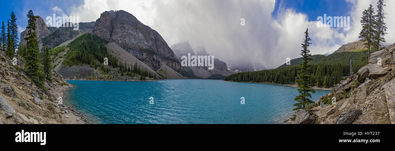Panorama of Moraine Lake in Banff National Park Alberta Canada on a stormy day Stock Photo